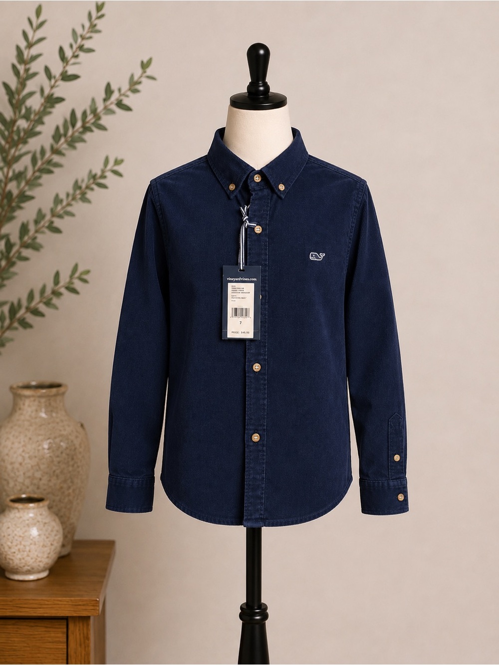 Vineyard Vines Boys Navy Corduroy Button-Down Shirt with Whale Logo